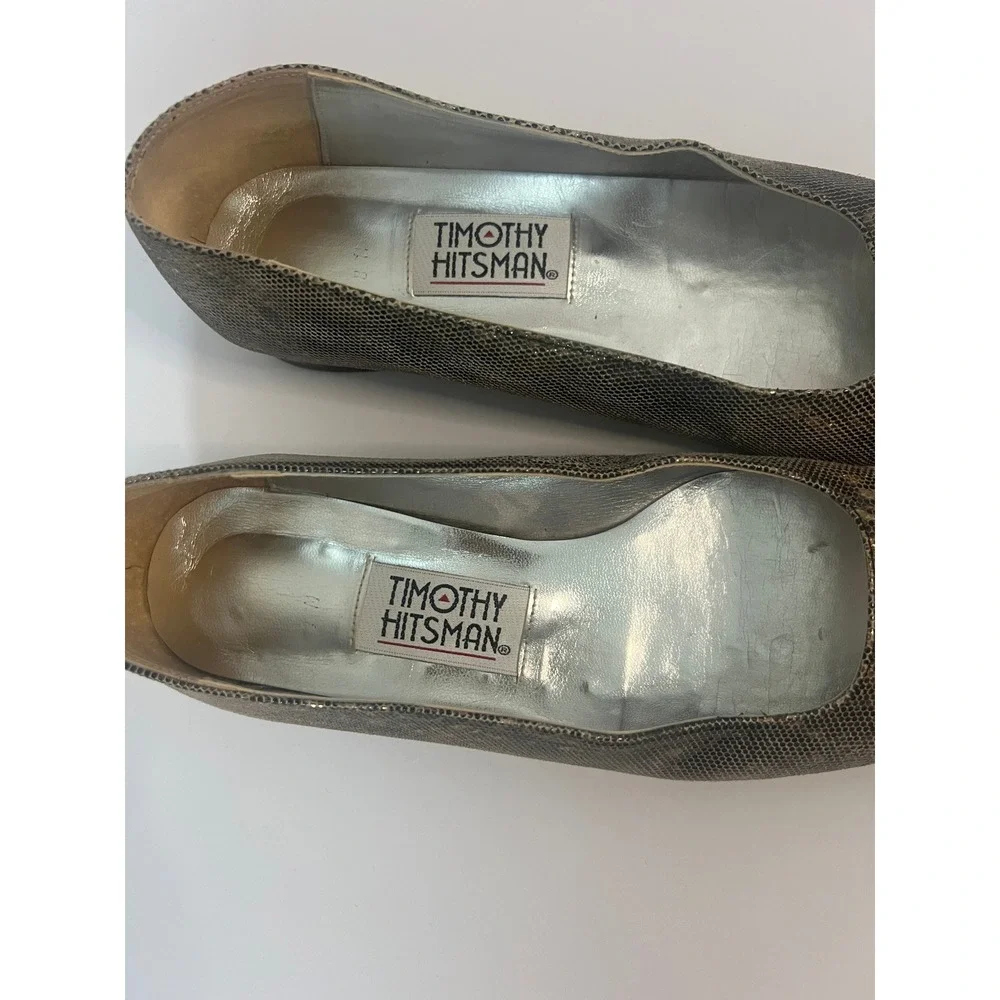 Timothy Hitsman Womens Snakeskin Embossed Square Toe Flats Gold Metallic Vintage